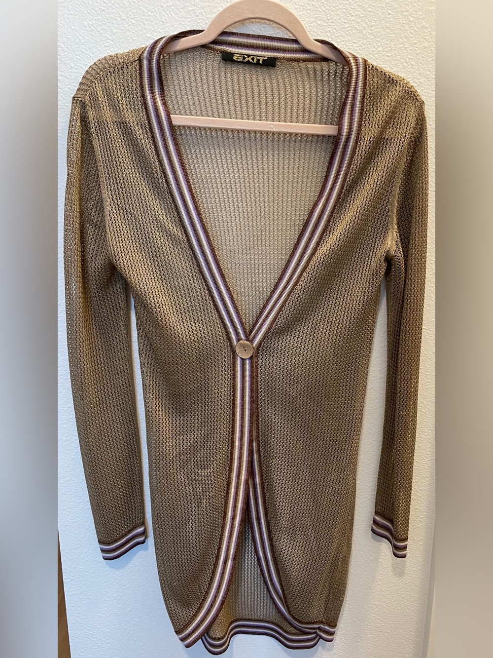 Lightweight Bronze Knit Cardigan with Striped Purple and White Trim